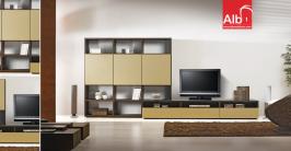 Mueble de comedor en chapa natural de madera de nogal combinada en laca brillo. Muchas posibilidades de modulage