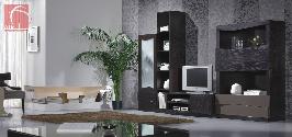 Mueble de comedor en chapa natural de madera de nogal combinada en laca brillo. Muchas posibilidades de modulage