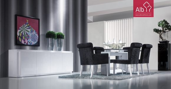 Modern dining room with white lacquered glass top table