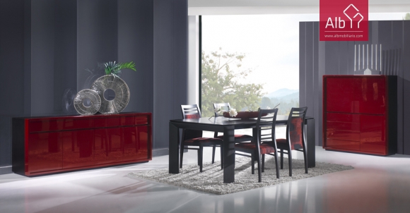 mueble comedor moderno in wengê con aparador lacado de color rojo