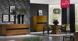 Modern Dining Room with details in black lacquered table with glass top