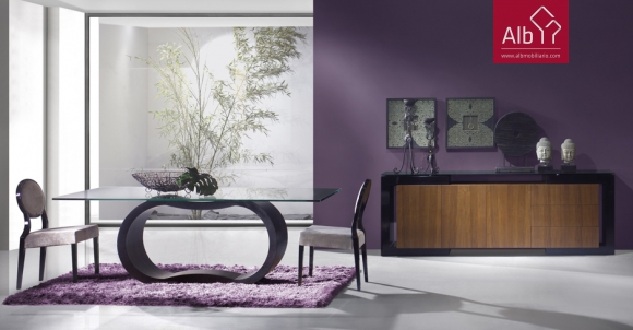 Modern dining room with black lacquered glass top table