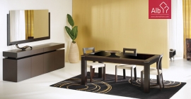 Modern Dining Room with details in black lacquered table with glass top