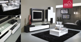 mueble de TV en roble natural color wengé y lacado