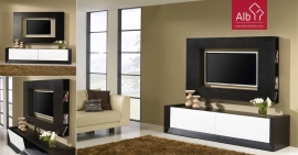 Sala de estar moderna em madeira de carvalho cor wengê e lacado branco Beje