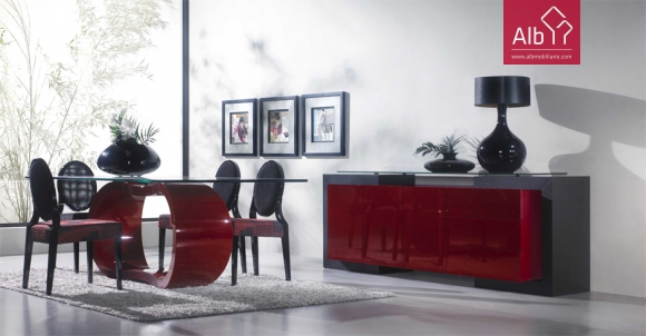 Modern dining room,  table with glass top and lacquered wood