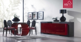 sala de estar moderna lacada em vermelho e madeira de wengue