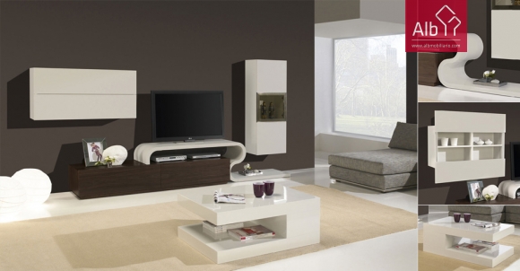 mueble de tv en roble con detalles curvos en blanco lacado
