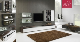 mueble de TV en roble natural lacado estanterías y cristal