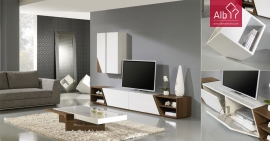 Sala de estar moderna em madeira de carvalho cor natural e lacado branco