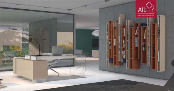 Modern office glass, suspended modular library wall